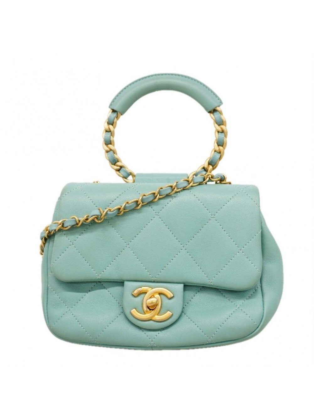 Chanel Handbag Quilted Top Handle Lambskin Light Blue Gold 2-Way